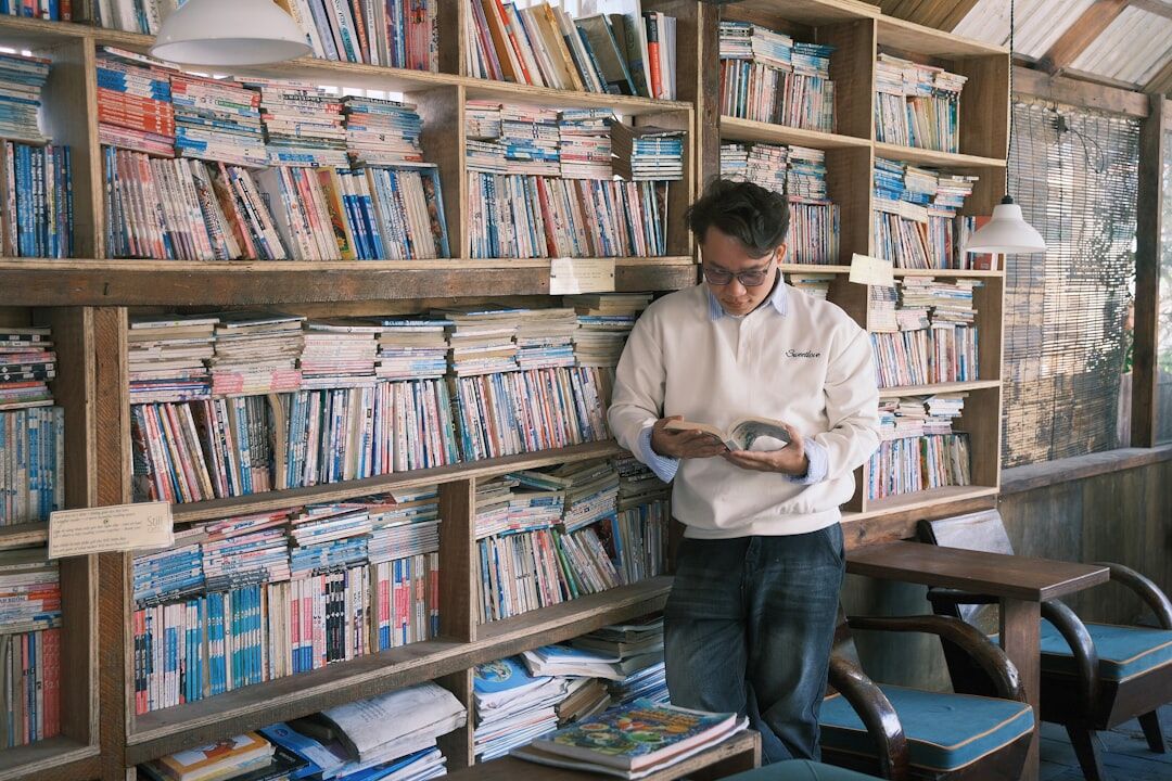 writer researching in library
